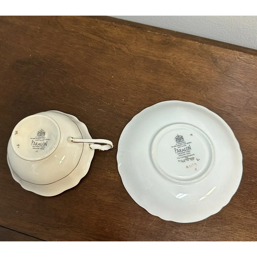 Paragon Teacup and Saucer Set Gold Blue Flower Dogwood 1958 Centennial